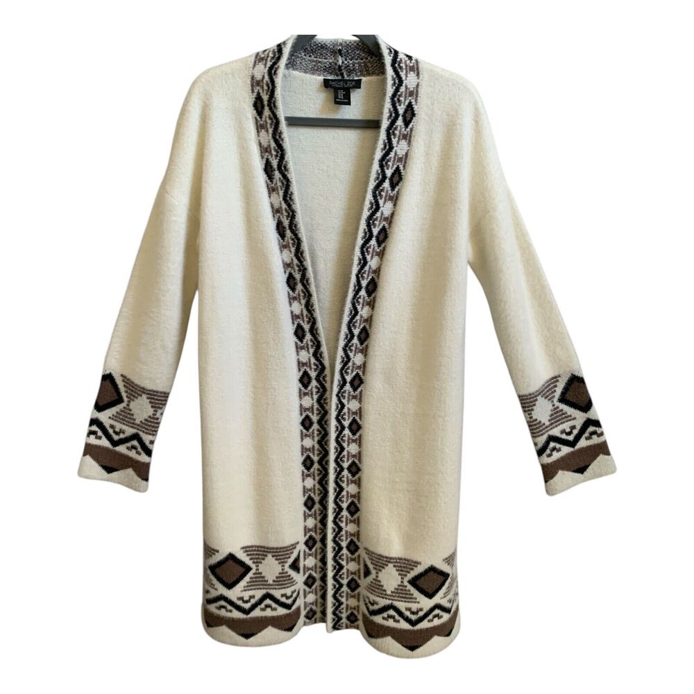 Rachel Zoe Cream Open-Front Cardigan with Brown and Black Aztec Trim